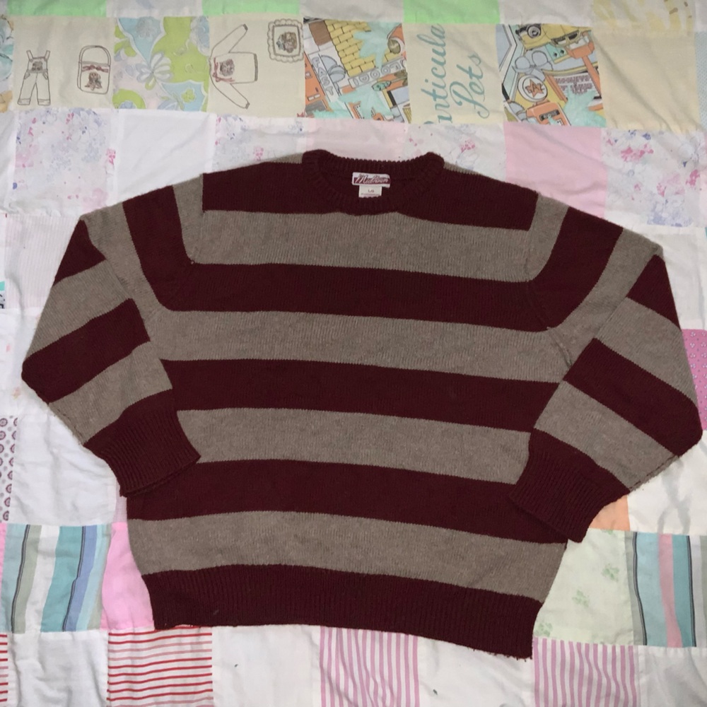 vintage striped wool blend sweater burgundy grey large knit